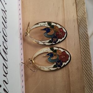 Vintage cloisonne oval bird earrings